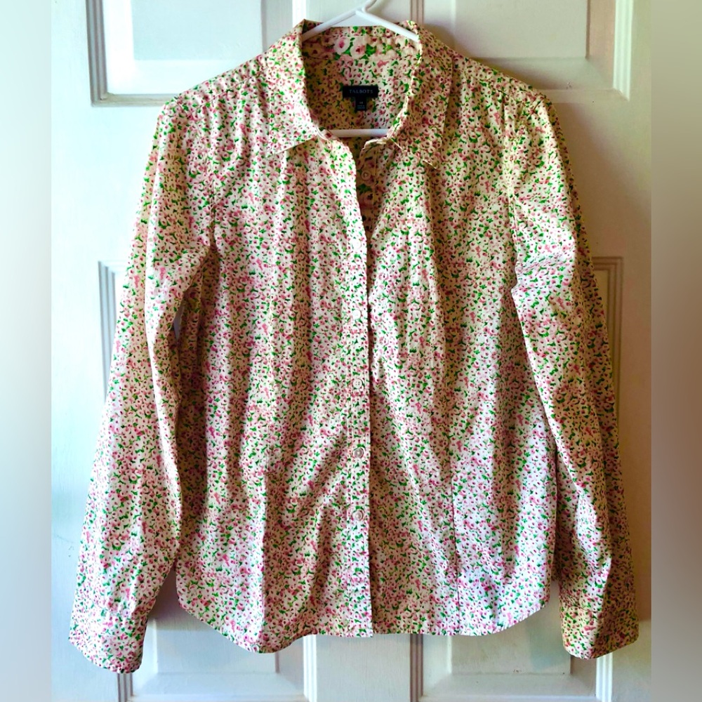 Talbots Pink Green Cream Floral Cotton Blend Long Sleeve Button Up Shirt Size 14